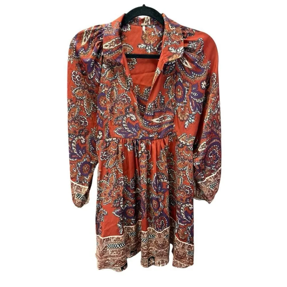 Free People Say You Love Me Mini Dress XS Orange Paisley Boho Long Sleeve Fall